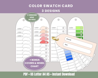 May include: Color swatch card with three designs. The card features a variety of color swatches, including cloud shapes and color blocks. The card includes the text "COLOR SWATCH CARD 3 DESIGNS" and "+ BONUS COVERS & WHEEL CHART".