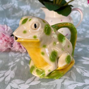Op de afbeelding: Een keramische kikker-vormige kan met een crèmekleurig lichaam en groene stippen. De buik van de kikker is geel en hij heeft een groen handvat. De kan staat op een tafel met een bloemig tafelkleed. Op de achtergrond staat een witte kan met roze stippen.