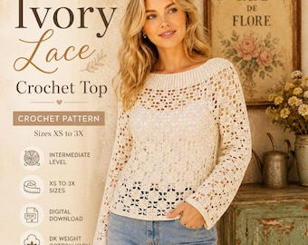 Ivory Lace Häkeltop Muster, Boho Strand Cover Up, Vintage Pullover PDF