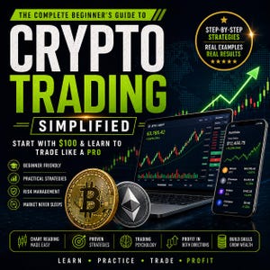 May include: A book cover titled "The Complete Beginner's Guide to Crypto Trading Simplified." The image features a laptop and smartphone displaying trading charts, along with Bitcoin and Ethereum coins. The cover text includes "Start with $100 & Learn to Trade Like a Pro."