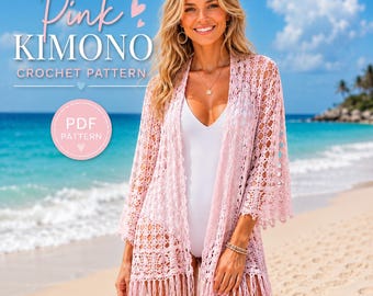 Rosa Kimono Häkelanleitung, Boho Strand Cover Up, Fransen Strickjacke (PDF-Muster)