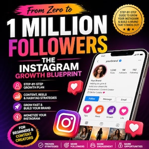 May include: A promotional graphic with the text "From Zero to 1 Million Followers" and "The Instagram Growth Blueprint." It features a smartphone displaying an Instagram profile and icons for growth strategies. The image is designed for beginners and content creators.