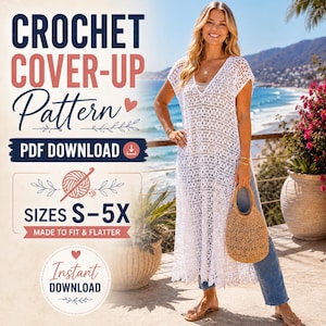 Crochet Beach Cover Up Pattern PDF, Boho Summer Cover Up, Long Mesh Crochet Tunic Pattern, Resort Wear, Swim Cover Up Pattern, Sizes S-5X
