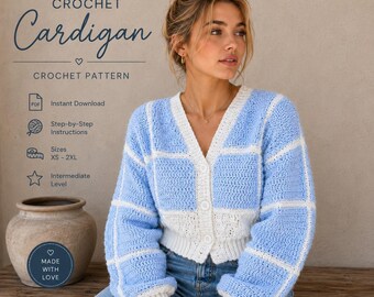 Blau Weiß Gehäkelte Strickjacke Muster | Chunky Oversized Pullover (PDF Download)