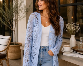 Klassische Lace Crochet Cardigan Muster | Boho Button Pullover (PDF Download)