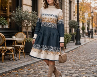Nordic Colorwork Strickkleid Muster, Winter Fair Isle Pullover Kleid (PDF Download)