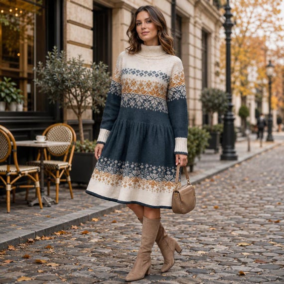 nordic knitted dress Colorwork Pattern, Winter Fair Isle Sweater Dress (PDF Download) priority-02-scatter-blossom-round-neck-ankle-gown-swan-white