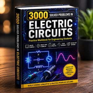 以下が含まれることがあります： 「3000 Solved Problems in Electric Circuits」というタイトルの教科書。青と黄色の表紙で、回路図、正弦波、そして「Practice Workbook for Engineering Students」というテキストが特徴です。本は木製の表面に置かれています。