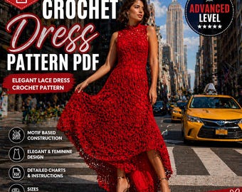 Elegantes rotes Häkelspitze-Kleid-Muster | Motiv Rosette PDF