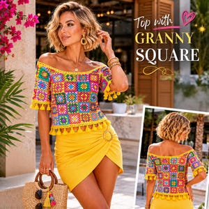 Può includere: Top colorato con design a granny square, abbinato a una gonna gialla. Il top presenta un patchwork di quadrati vivaci in vari colori, rifinito con nappe gialle. Il testo "Top with Granny Square" è visibile.