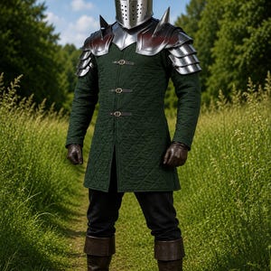 Pode incluir: Uma armadura composta por um capacete de metal prateado com viseira, ombreiras de metal prateado com espigões, uma túnica acolchoada verde-escura com três tiras de fivela, calças escuras, luvas de couro castanho e botas de couro castanho.
