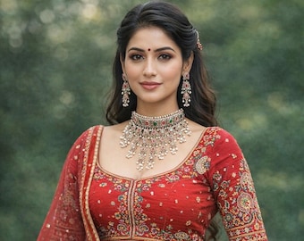 Silver Choker Necklace Set with Red Green Stones, Traditional Indian Bridal Jewelry