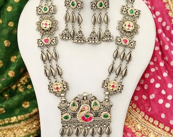 Oxidized jurman Silver Indian Jewelry antique  Peacock Necklace Set with Jhumka Earrings