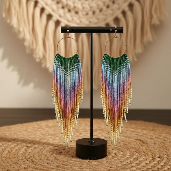 Handmade Boho Beaded Long Tassel Earrings Multicolor Vintage Dangle Jewelry for Women