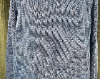 Suéter de punto vintage de los 90 PBJ Blues con cremallera de un cuarto, bolsillos de mezclilla y parches, color azul desteñido, como nuevo, talla L.