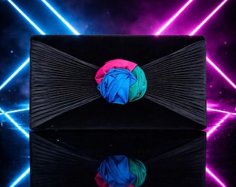 Vintage 1980's La Regale Black Velvet Clutch with Rosette and hidden strap