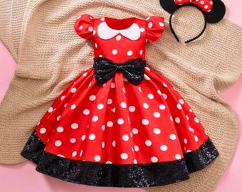 Robe de princesse à pois pour fille, robe de soirée rouge, déguisement pour enfants, robe à paillettes avec nœud, tenue d'anniversaire d'été