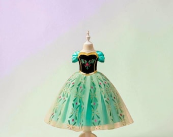 Robe de princesse verte Anna inspirée de la reine des neiges pour fille, déguisement reine des neiges, tenue de fête de conte de fées pour enfants, robe de carnaval d'anniversaire Halloween