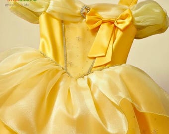 Robe de princesse jaune pour fille Costume inspiré de la Belle et la bête Disney pour enfants Robe de fête d'anniversaire Déguisement d'Halloween