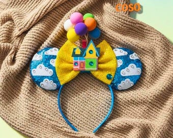 Bandeau avec oreilles ballons Up Movie | Oreilles de Minnie | Oreilles inspirées de Disney | Noeud d'oreille pailleté | Tenue Disney