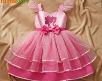 Robe tutu princesse rose pour fille, robe de fête d'anniversaire pour enfants, robe de fée inspirée de Barbie, tenue de Noël