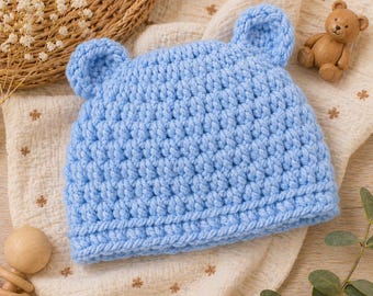 Patrón de gorro de bebé de osito de peluche a crochet (recién nacido), hilo extragrueso, PDF para principiantes