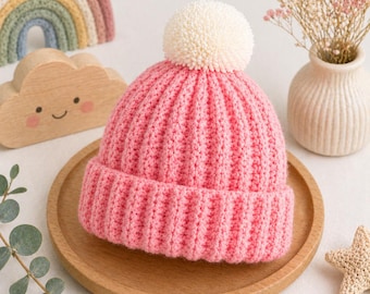 Patrón de gorro de bebé a crochet / Gorro con pompón acanalado (Descarga en PDF)