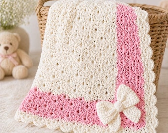 Patrón de manta de bebé a crochet: Punto concha rosa y blanco, apto para principiantes (descarga en PDF)
