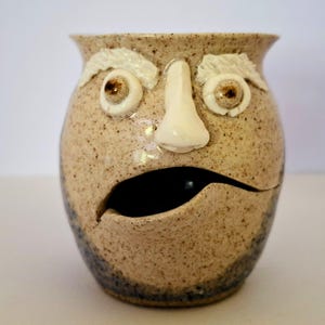 Vintage 1989 Signed Studio Pottery Face Egg Separator, Funny Ugly Face Ceramic Egg White Separator Cup, Signed Cairn 89 Folk Art Kitchenware