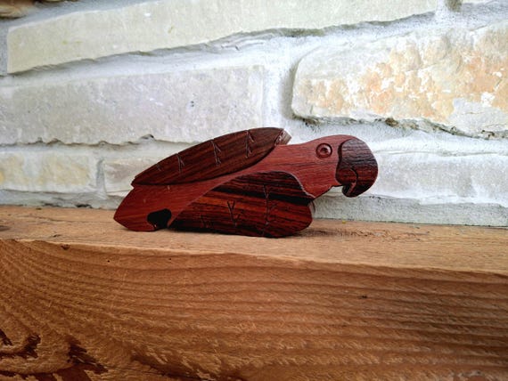 Vintage Hand Carved Wooden Parrot Puzzle Box, Secret Compartment Trinket Jewelry Box, Contrasting Tropical Hardwood Folk
