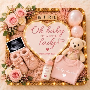 Baby Girl Reveal Template, Editable Pregnancy Announcement Card, Boho Pink Download for Social Media