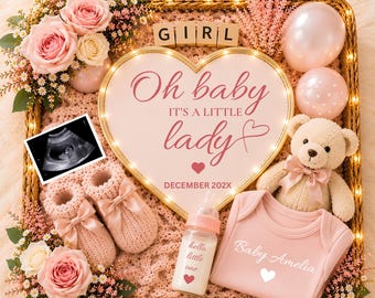 Baby Girl Reveal Template, Editable Pregnancy Announcement Card, Boho Pink Download for Social Media