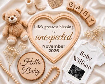 Unexpected Pregnancy Announcement Template | Editable Canva Baby Reveal | Neutral New Year Social Media Post