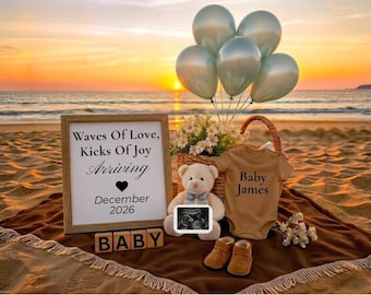 Canva-sjabloon voor strandzwangerschapaankondiging | Bewerkbare kaart Sunset Baby Reveal | Genderneutrale digitale download