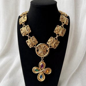 Vintage Leritz Gold Tone Statement Necklace with Multicolor Crystal Cross Pendant