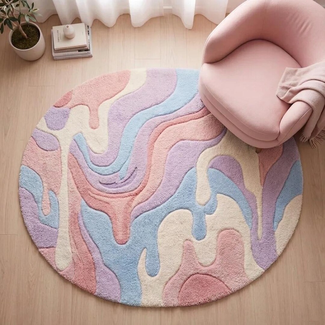 Pastel Rug Modern Hand Tufted Abstract Pastel Rug, Modern Pink Wavy Wool Carpet, Soft ...