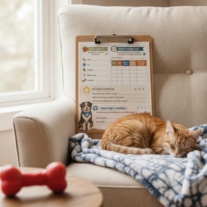 May include: A wooden clipboard featuring a printed pet training tracking sheet with sections for reward inventory, pattern recognition, and consistency reminders, displayed alongside a sleeping orange tabby cat on a blue and white patterned blanket.