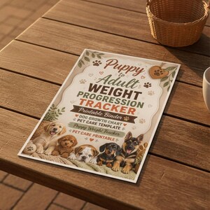 May include: A rectangular paper sheet titled Puppy to Adult WEIGHT PROGRESSION TRACKER Printable Binder. It features illustrations of five puppies, paw prints, hearts, and green leaves. The text includes Dog Growth Chart, Pet Care Template, and Puppy Weight Tracker.