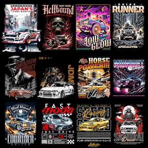 May include: Collection of graphic designs featuring stylized cars, including a white sports car with "JAPAN'S STREET WARRIOR" text, a hot rod with a skull, and a lowrider with "LOW GLOW" text. Other designs include "HORSE POWER!!!" and "SAMURAI DRIVE".
