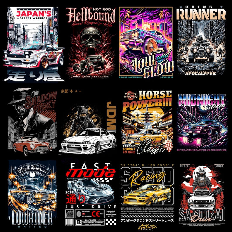 May include: Collection of graphic designs featuring stylized cars, including a white sports car with "JAPAN'S STREET WARRIOR" text, a hot rod with a skull, and a lowrider with "LOW GLOW" text. Other designs include "HORSE POWER!!!" and "SAMURAI DRIVE".