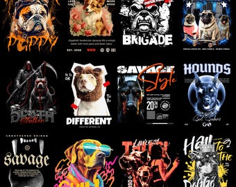 120 T-Shirt-Designs mit Hundemotiven, lustige Designs für Hundeliebhaber, Bulldoggen-, Pitbull- und Dobermann-Motive, Streetwear-Hundeprints (PNG)
