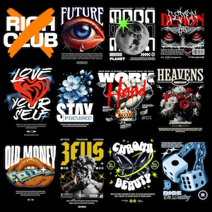 May include: A black graphic design featuring various designs with text and illustrations. Designs include an eye, a moon, a heart, flowers, a hand holding money, a bouquet of flowers, lips with money, a bust of Zeus, a butterfly, and dice.