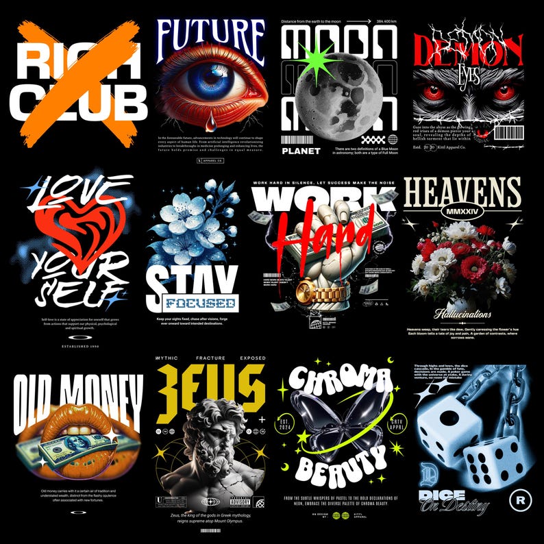 May include: A black graphic design featuring various designs with text and illustrations. Designs include an eye, a moon, a heart, flowers, a hand holding money, a bouquet of flowers, lips with money, a bust of Zeus, a butterfly, and dice.
