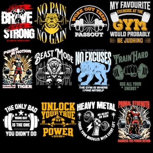 Peut inclure: Plusieurs graphiques sur le th&egrave;me du fitness sur fond noir. Chaque design pr&eacute;sente du texte audacieux et des illustrations d'animaux et d'halt&egrave;res. Les phrases incluent "Brave", "Strong", "No Pain No Gain" et "Beast Mode".