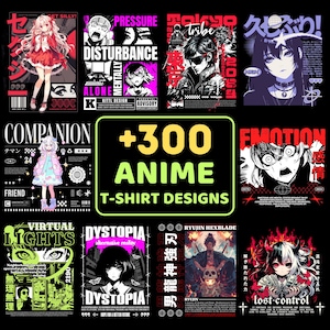Puede incluir: Una colección de diseños de camisetas con temática de anime. Los diseños presentan varios personajes de anime y texto en japonés e inglés. La paleta de colores incluye negro, blanco, rojo, verde y morado. El texto "+300 ANIME T-SHIRT DESIGNS" se muestra de forma destacada.