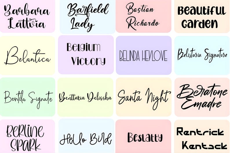 Puede incluir: Una colecci&oacute;n de bloques rectangulares coloridos, cada uno mostrando una palabra o frase diferente en una fuente elegante y manuscrita. Los bloques son de varios colores pastel, incluyendo rosa, azul y amarillo. Las palabras incluyen nombres y frases como "Beautiful Garden".