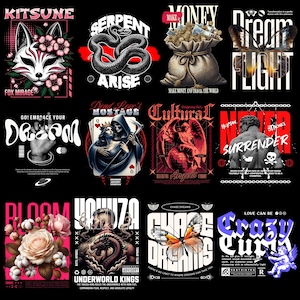 May include: A collection of graphic designs on a black background. The designs feature various illustrations, including a fox, snake, angel, butterfly, and a muscular figure. Each design includes text, such as "Kitsune", "Serpent Arise", and "Chase Dreams".