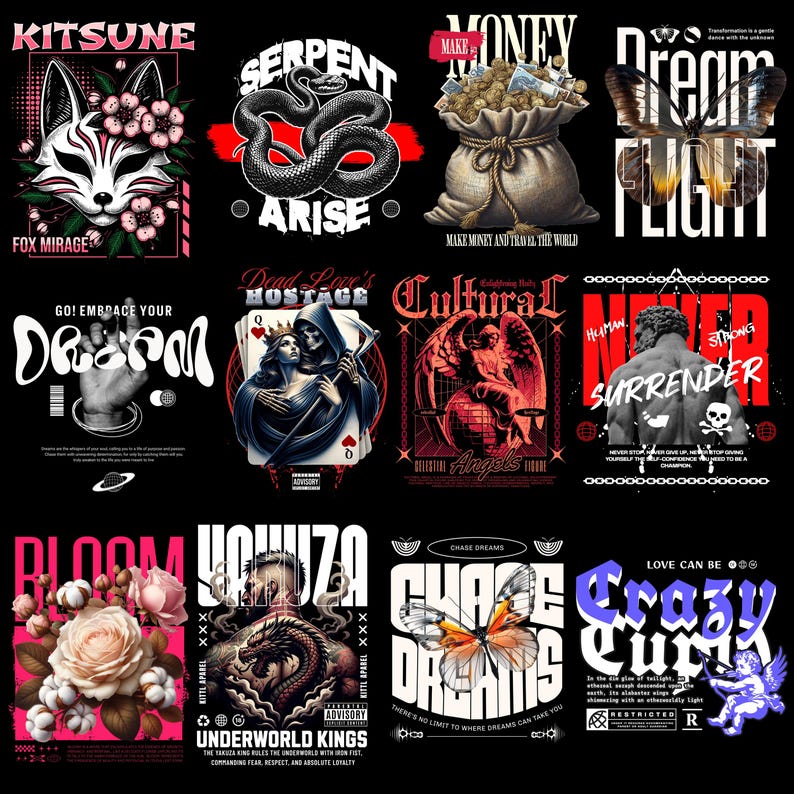 May include: A collection of graphic designs on a black background. The designs feature various illustrations, including a fox, snake, angel, butterfly, and a muscular figure. Each design includes text, such as "Kitsune", "Serpent Arise", and "Chase Dreams".