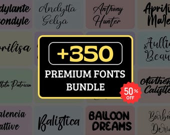 Über 350 Premium-Schriftarten im Paket, Schriftpaket mit modernen und Skript-Schriftarten, Cricut-Schriftarten, Canva-Schriftarten, OTF-Schriftarten, Schriftarten für die kommerzielle Nutzung, Logo-Branding-Schriftartenpaket