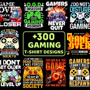 May include: A collection of gaming-themed t-shirt designs on a black background. The designs feature game controllers, text like "Game Over," "Do Not Disturb, I'm Gaming," and "+300 Gaming T-Shirt Designs."